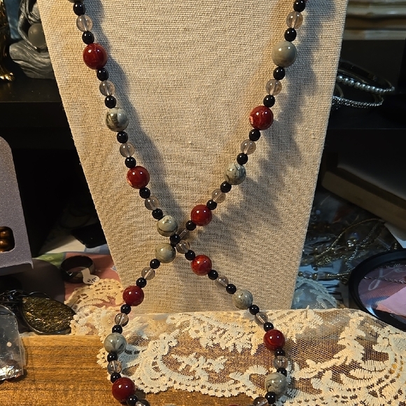 Monet Red and Gray Beaded Necklace Y-Shape Design - Picture 1 of 5